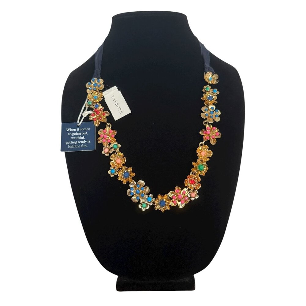 NWT RSVP By Talbots Adjustable Ribbon Tie Statement Necklace Gold-Tone Flowers